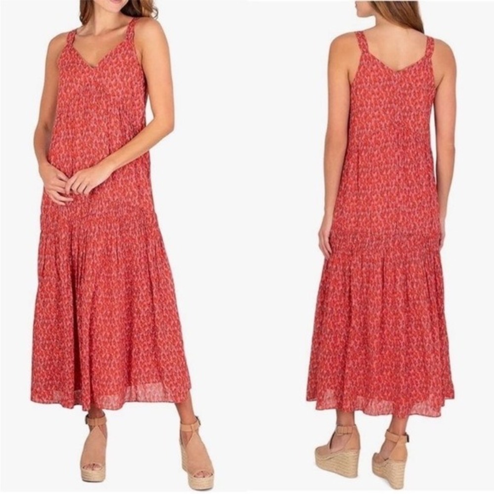 Joie Tea Rose Cotton Ikat Print Tiered Maxi Dress‎ Small JE6001PR Boho V-Neck